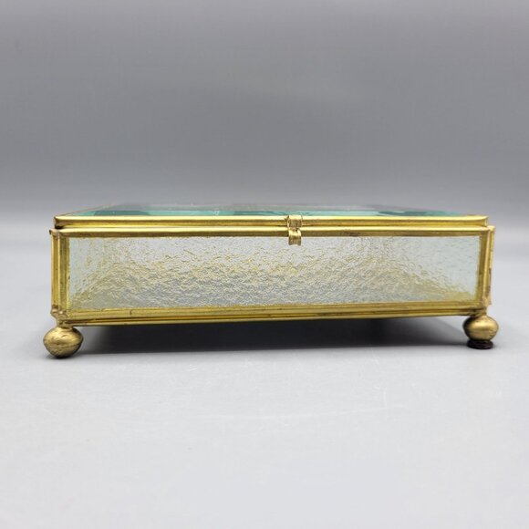 Vintage Flambro Glass Jewelry Box Etched Butterfly Design Brass Frame Taiwan - Picture 5 of 16